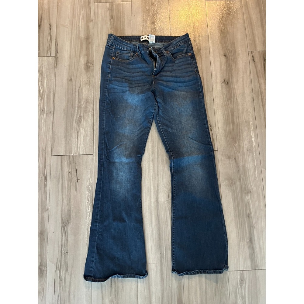 Song Flared Jeans Womens 11/30 Blue Denim Cotton Stretch‎ Whiskered Medium Wash